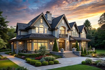 Large luxury home with beautiful landscaping in the evening.