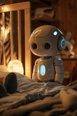 Robot nanny stands by a child's bed in a children's room, robot AI, modern technology