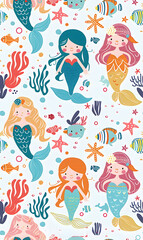 Fototapeta na wymiar cute mermaid wallpaper doodle seamless pattern