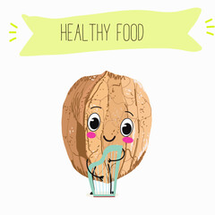 Cute  cartoon nut, walnut characters with different activities. Flat vector illustration, funny nuts. Organic food.