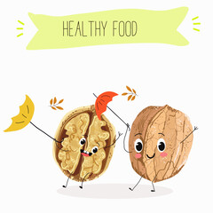 Cute  cartoon nut, walnut characters with different activities. Flat vector illustration, funny nuts. Organic food.