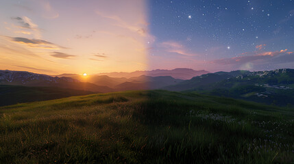 Landscape, On the left is morning, dawn, on the right it smoothly turns into night, sunset, starry sky, hill in the foreground,  sky in the background, green grass