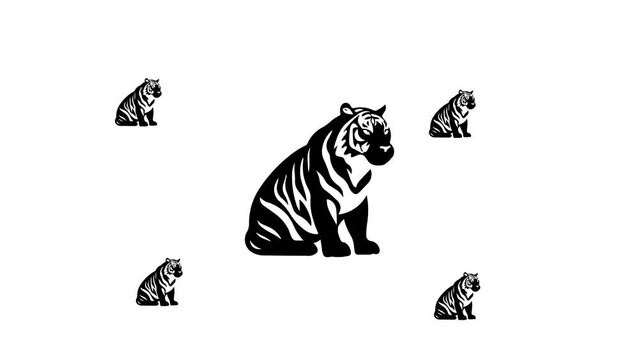 Zoom in and out animation the sitting tiger symbol. Large black symbol in the center and four small symbols around. Seamless looped 4k animation on white background