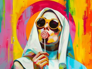Nun enjoying a lollipop with vintage glasses vibrant retro pop art vibes