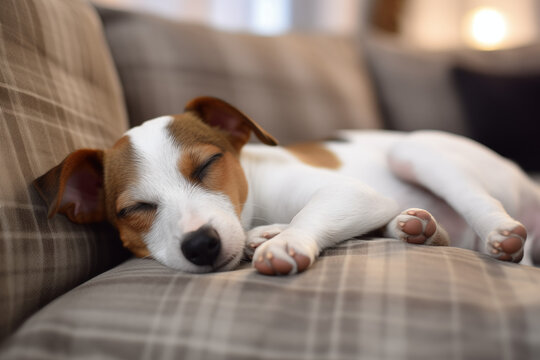 mignon petit chiot de la race Jack Russell Terrier qui dort profond&eacute;ment allong&eacute; sur la banquette de ses ma&icirc;tres dans le salon. Chien de compagnie