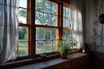 View from the window of an old house in the countryside in summer