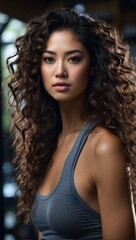 Fototapeta premium beautiful asian sporty fitness woman with dark curly hair portrait