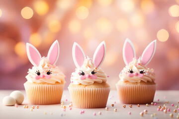 cupcakes pour les fêtes de Pâques, avec un glaçage et toping en forme de lapin de Pâques, avec des perles en sucre. Fond festif rose et or flouté. Fêtes pascales. - obrazy, fototapety, plakaty