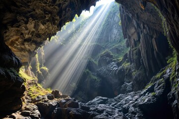 Sunbeams shining through a cave in the middle of the mountains