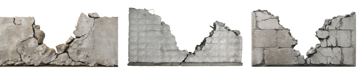 set of ruined, collapsed, cracked, damaged or broken concrete cement wall, isolated on a transparent background. PNG, cutout, or clipping path.	
