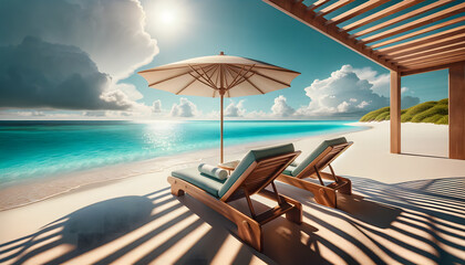 Plage tropicale de sable fin avec parasol et bains de soleil - obrazy, fototapety, plakaty