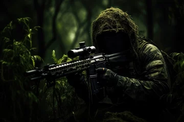 Fotobehang Man in the jungle with a machine gun. Dark forest. Selective focus, tries to aim and make a shot from the machine gun, AI generated © Tanu