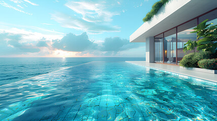 Realistic photo of a swimming pool rooms next to the sea with blue sky, sea view background