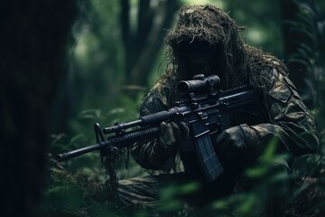 Fototapeta premium Man in the jungle with a machine gun. Dark forest. Selective focus, tries to aim and make a shot from the machine gun, AI generated