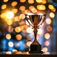 A wide angle shot capturing a winners award from an unconventional perspective with bokeh in the foreground - obrazy, fototapety, plakaty