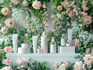 Luxury product stand with a floral backdrop of garden roses