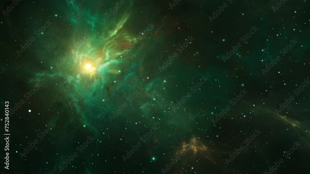 Wall mural space background. flying through fractal nebula in green and orange color with star field. digital a