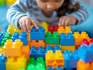 Close-up view of a child building with vibrant plastic blocks