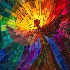 An angelic figure enveloped in the colors of the rainbow a stained glass window symbolizing hope