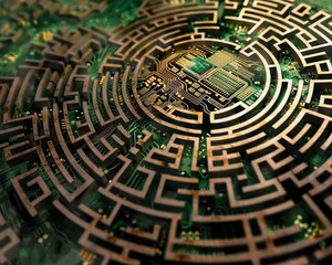 PCB labyrinth with a microchip treasure a metaphor for technological discovery