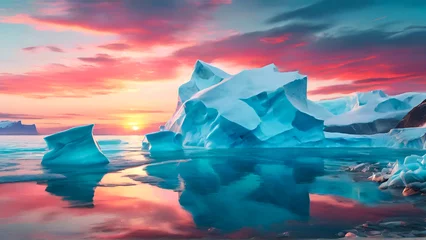 Foto op Plexiglas Dramatic Sunset over Colorful Icebergs in the Arctic Ocean, Beautiful landscape of iceberg glaciers © spidygraphics