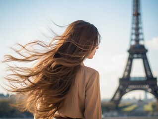 Beautiful young woman with flying hair near the Eiffel tower. Travelling Concept with Copy Space.