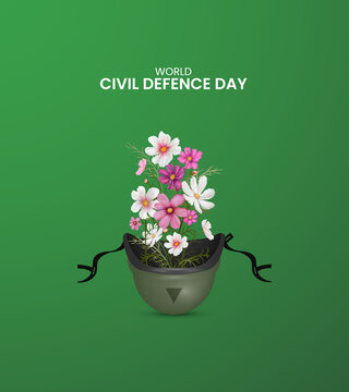 world civil defence day, soldier helmet and flower, civil defence day design for social medai banner, poster, 3d Illustration