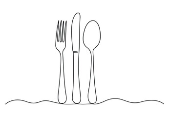 Fork, knife and spoon continuous one line drawing vector illustration.