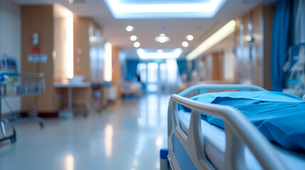 Fototapeta premium Blurred hospital images, Patient bed in the hospital, Hospital cleaning, Hospital disinfection cleaning, Patient bed cleaning for emergency patients.