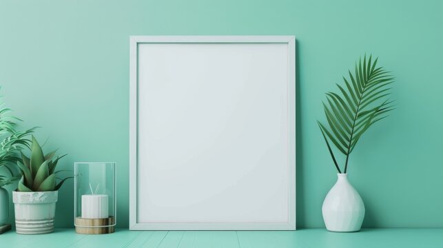 A stylish picture frame sits beside a vibrant potted plant on a shelf