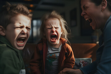 Capricious child, like a little boy crying at home against the background of his brother and mother - obrazy, fototapety, plakaty