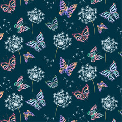 Background with dandelions and butterflies. Vector pattern with butterflies and dandelions on a colored background.