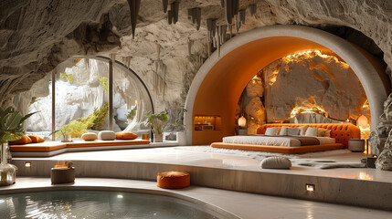 A cozy place to sleep. Minimalist luxury bedroom in a cave