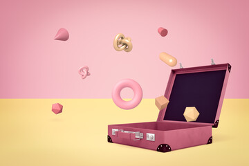 3d rendering of open suitcase with random objects on yellow pink background