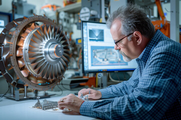 engineering team analyzing jet engine design