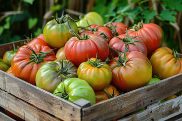 Fototapeta na wymiar The harvested crop of ripe fresh tomatoes in a box