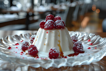 Panna cotta with raspberries on a plate
