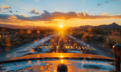 The open road through a desert at sunset with JOURNEY BEGINS written across the path, symbolizing new adventures and the start of a quest