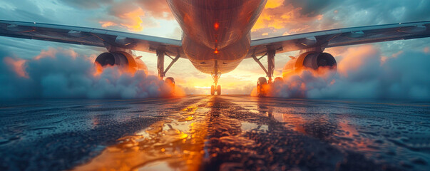 Dramatic view of an airplane's landing gear and jet engine on a runway, with intense smoke and vapor during a powerful takeoff, showcasing aviation might and travel readiness - obrazy, fototapety, plakaty