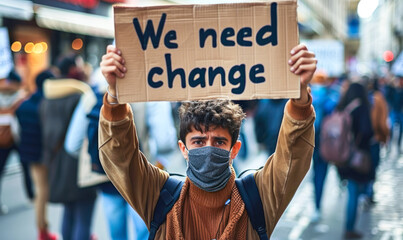 Concerned young protester holding up a We need change sign during a peaceful demonstration for social reform and justice