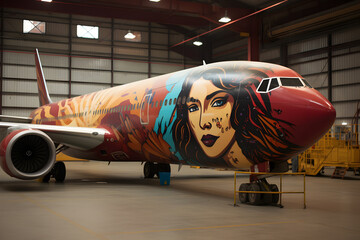 modern colorful plane parked in a hangar 