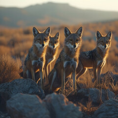 Jackal family standing in front of the camera in the rocky plains with setting sun. Group of wild...