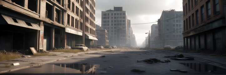 Street of an abandoned city, post war, post apocalyptic, destroyed buildings, rusty cars. Cloudy weather. Dystopia concept