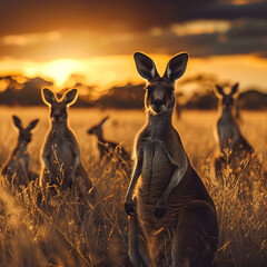 Kangaroo standing in the savanna with setting sun shining. Group of wild animals in nature.