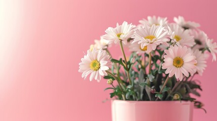 A pink vase overflows with delicate white flowers