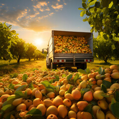 Cargo truck carrying orange pear fruit in an orchard with sunset. Concept of food production, transportation, cargo and shipping. - obrazy, fototapety, plakaty