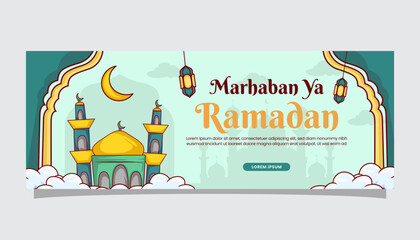 Ramadan Kareem islamic illustration greetings on banner cover page template with moslem cartoon