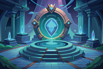 Futuristic Glowing Portal Connect Realms. Magic circle teleport podium with hologram effect. Magic gate in game fantasy. Vector illustration