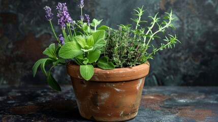 A potted plant displaying vibrant green leaves and delicate purple flowers