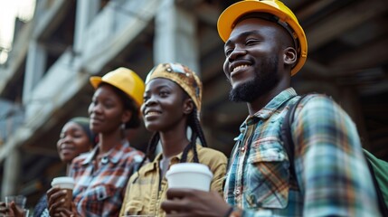 A group photo of a team of engineers with a happy expression, including African individuals, at a building site with coffee from a low perspective, working together with a mockup.